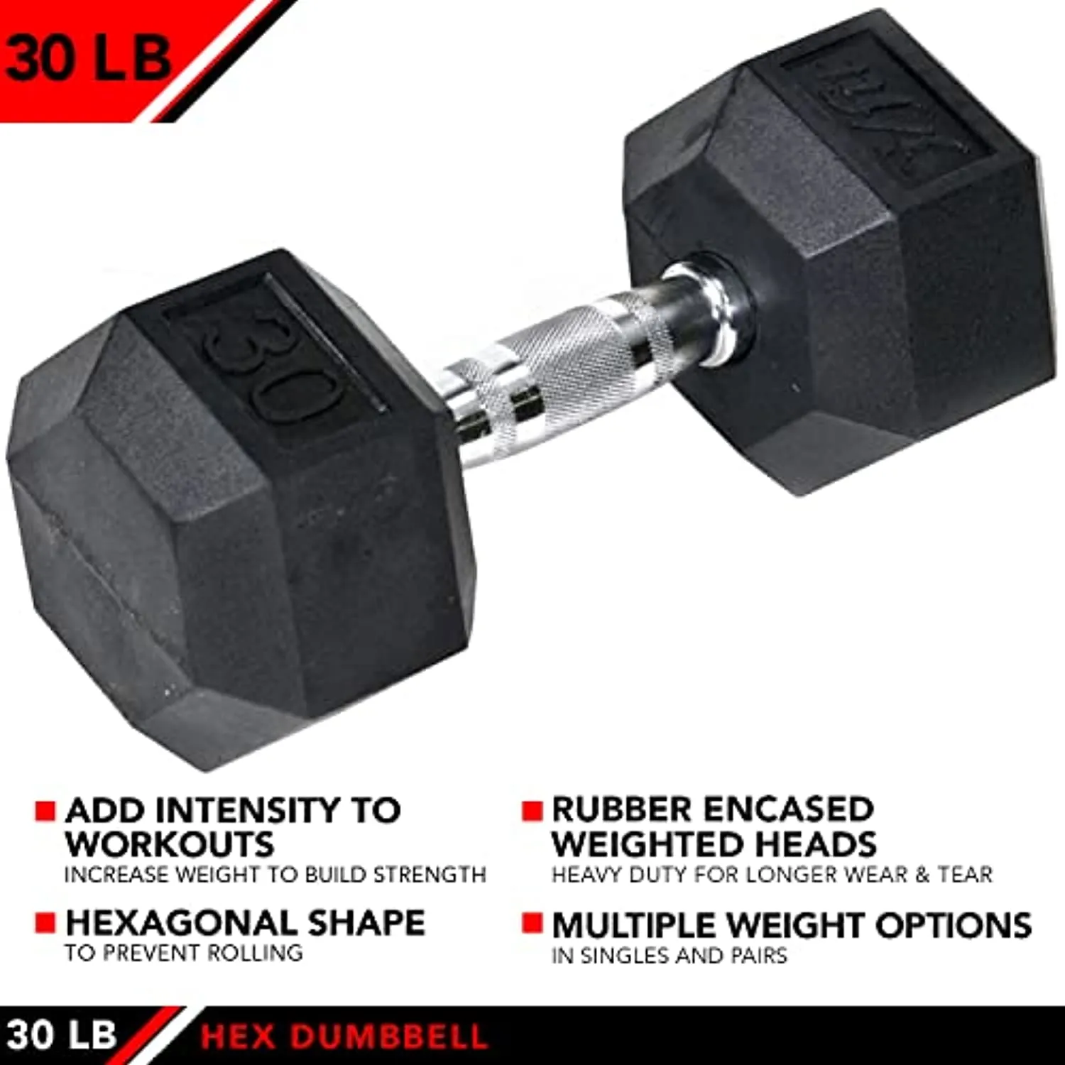 JFIT Rubber Hex Dumbbell 30 LB Single - Hex Shaped Heads to Prevent Rolling and Injury - Ergonomic Hand Weights for Exercise, Therapy, Building Muscle, Strength and Weight Training
