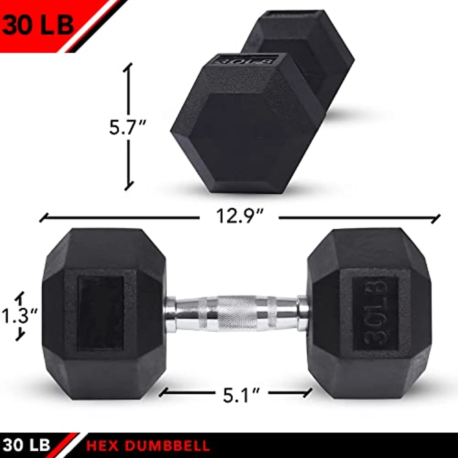 JFIT Rubber Hex Dumbbell 30 LB Single - Hex Shaped Heads to Prevent Rolling and Injury - Ergonomic Hand Weights for Exercise, Therapy, Building Muscle, Strength and Weight Training