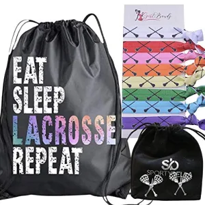 Lacrosse Gift Bundle, Girls Lacrosse Stud Earrings, Drawstring Bag and Hair Ties Gift Set, Girls Lacrosse Accessories For LAX Players and Teams