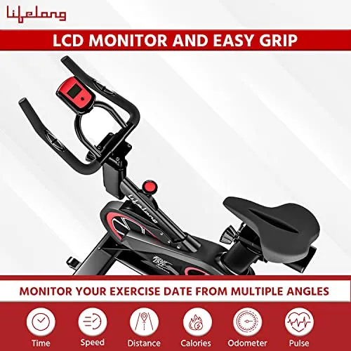 Lifelong LLESB99 Exercise Spin Fitness Bike with 6kg Flywheel|Adjustable Resistance|LCD Monitor & Heart Rate Sensor for Fitness at Home|Spin Bike, Fitness Bike, Exercise Bike for Home Use|Max User Weight: 100kg (1 Year Warranty)