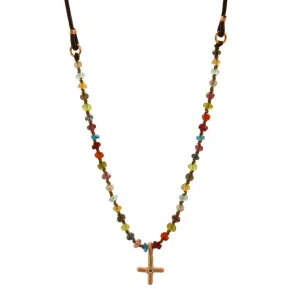 Multi Colored Gemstone & Rose Gold Diamond Cross Necklace