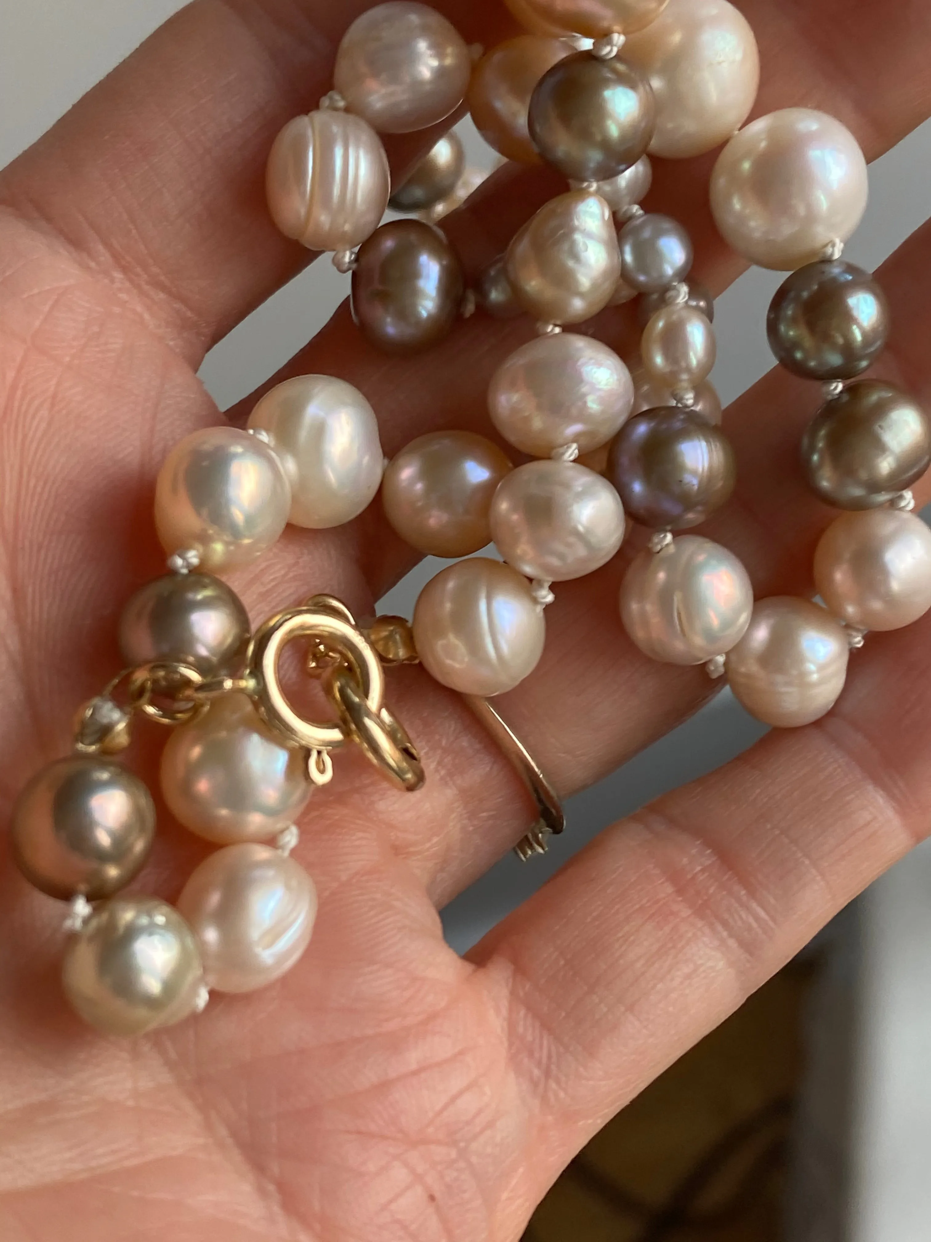 Multi-Colored hand knotted Pearl Necklace with 14k gold clasp