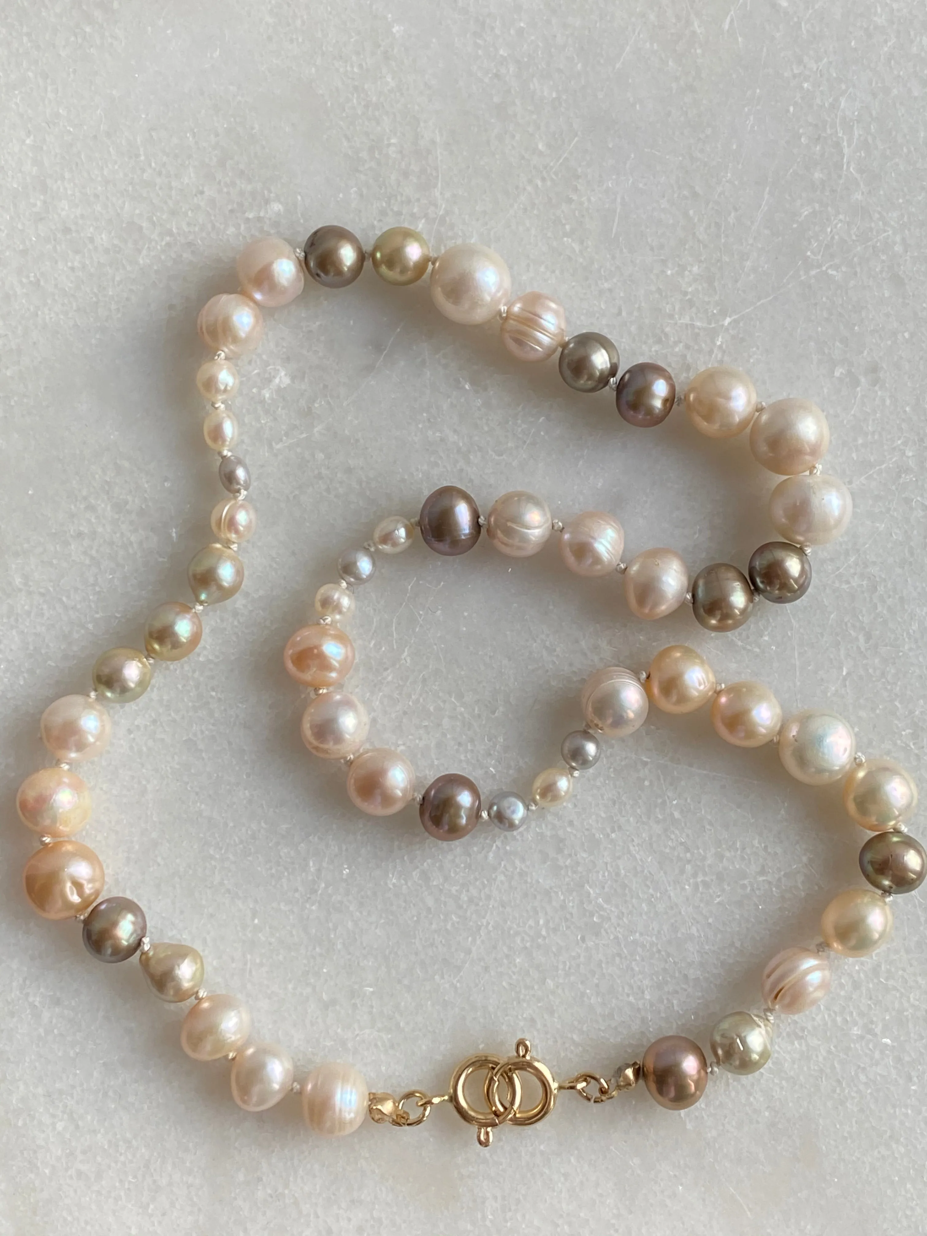 Multi-Colored hand knotted Pearl Necklace with 14k gold clasp