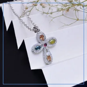 Multi Tourmaline Gemstone Cross Pendant For Women 925 Sterling Silver Multi Stone Necklace
