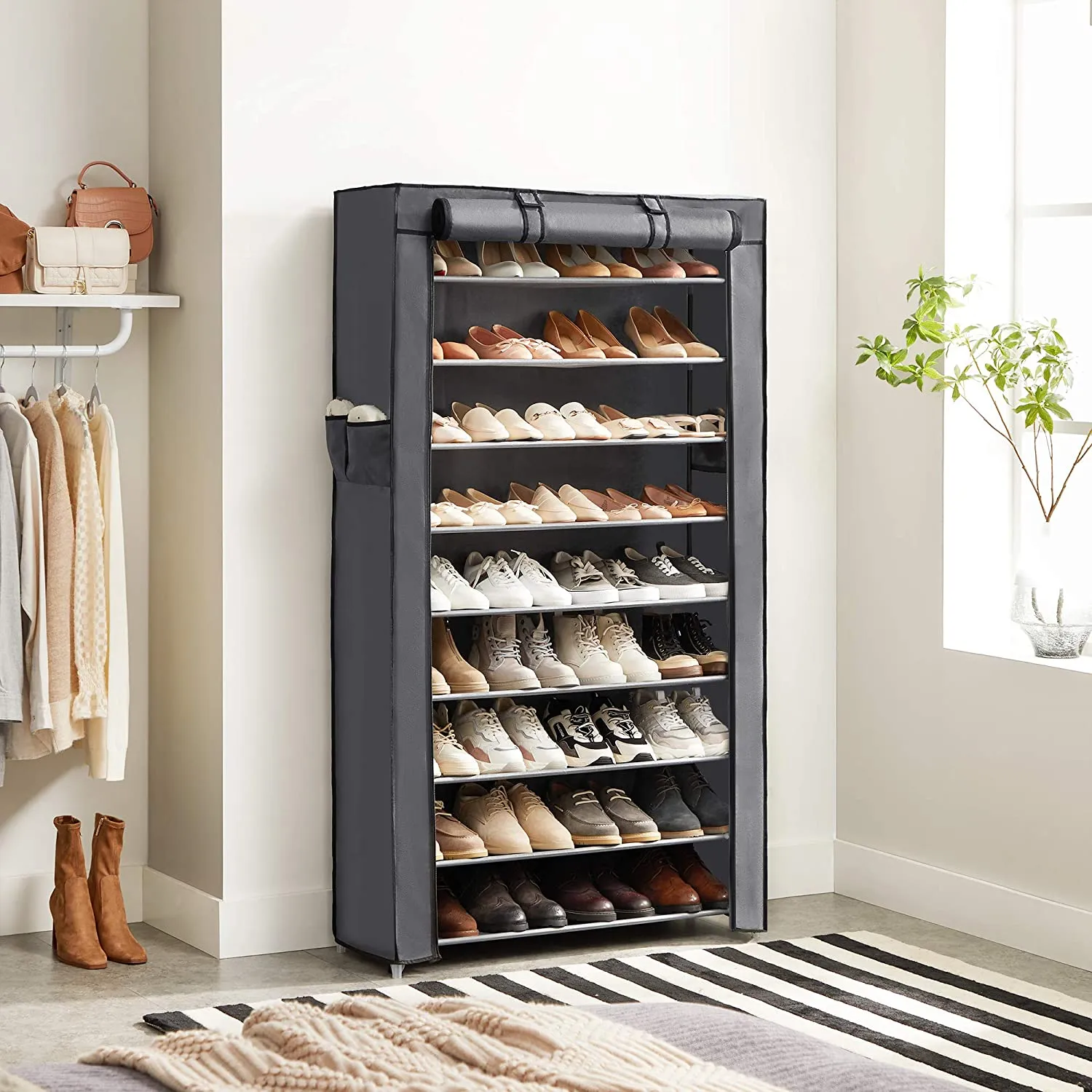New SONGMICS 10-Tier Shoe Rack, Non-Woven Shoe Organizer with Dustproof Cover, Grey