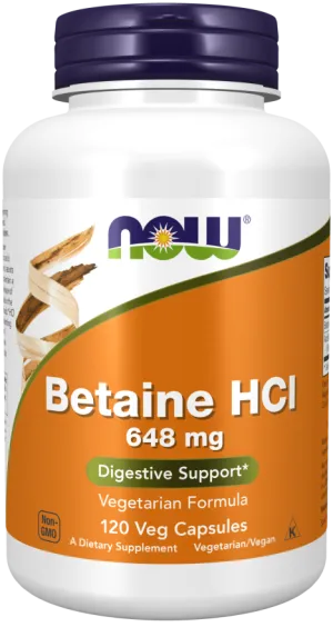 now Betaine HCl 648 mg 120 Veg Capsules