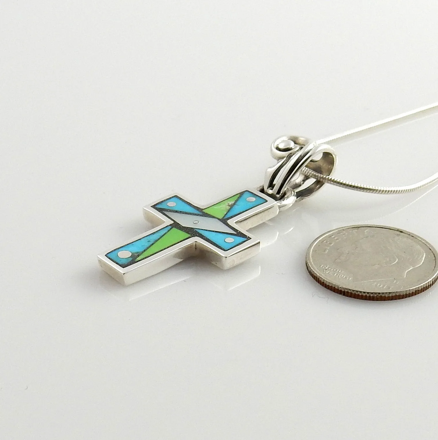 One of a Kind Sterling Silver Multi-stone Mosaic Inlay Cross Pendant