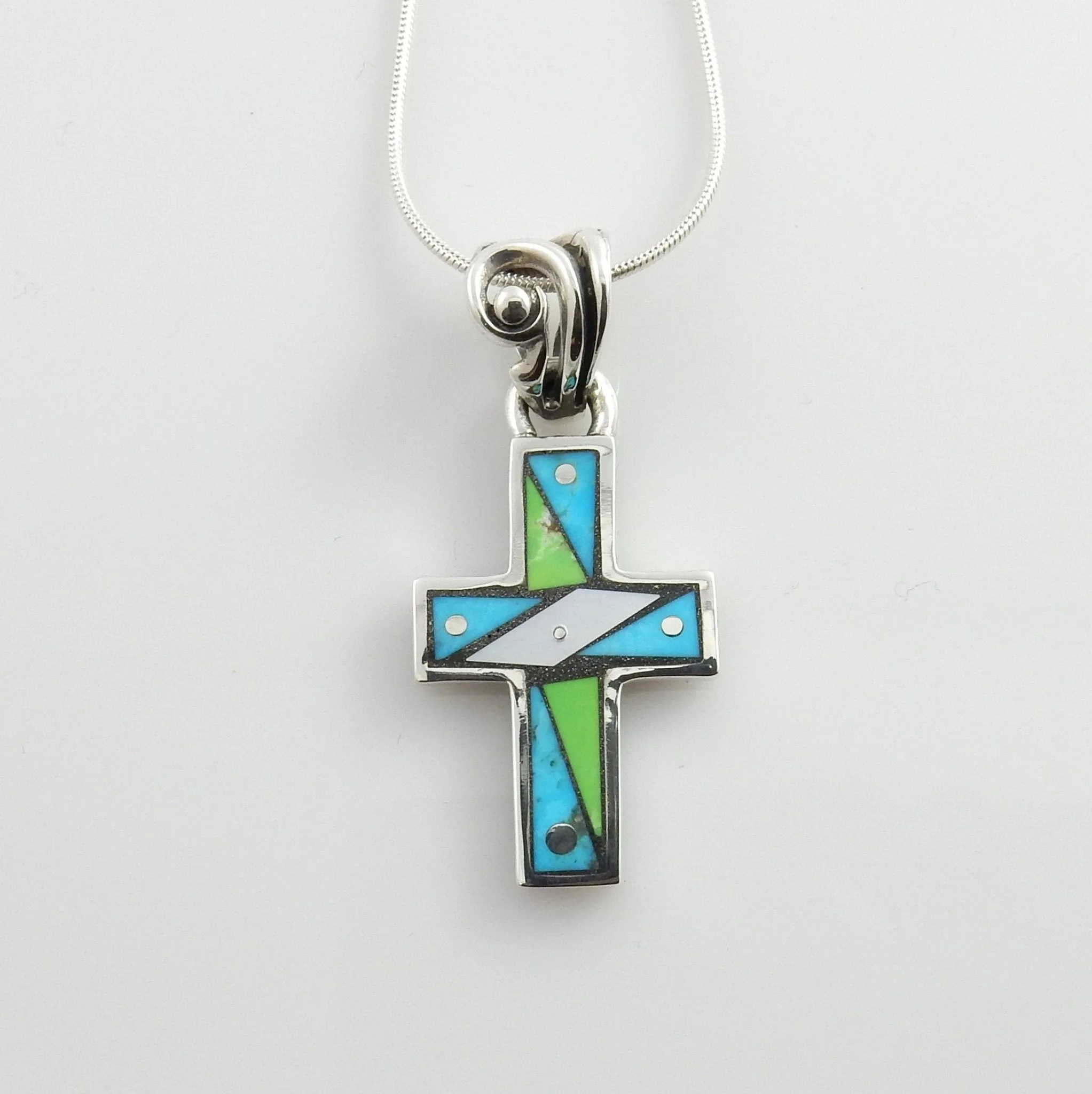 One of a Kind Sterling Silver Multi-stone Mosaic Inlay Cross Pendant