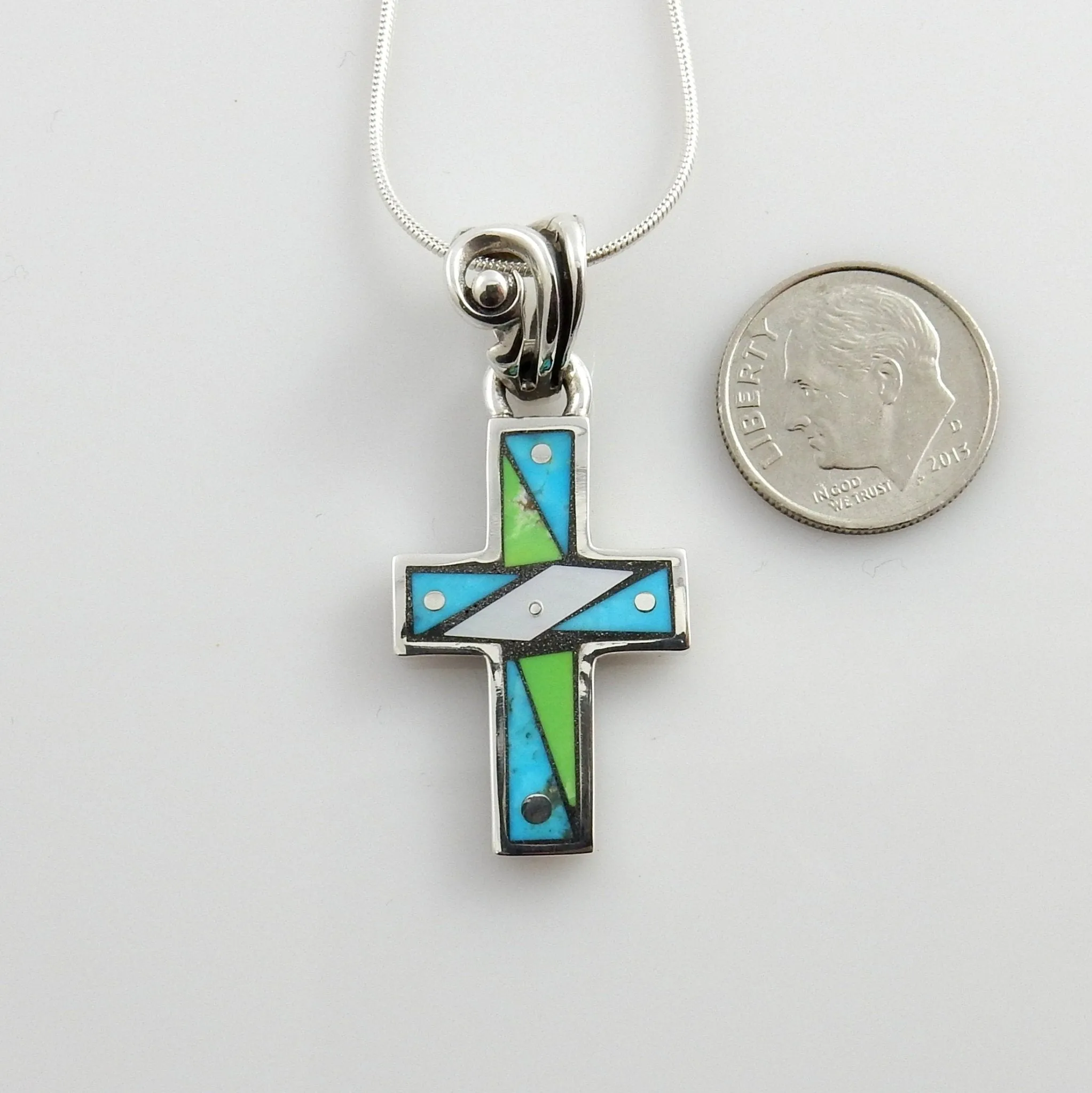One of a Kind Sterling Silver Multi-stone Mosaic Inlay Cross Pendant
