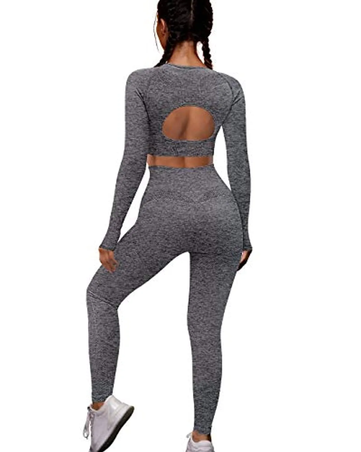 OYS Workout Sets for Women 2 Piece Outfits Seamless High Waist Yoga Leggings Long Sleeve Crop Tops Active Gym Clothes