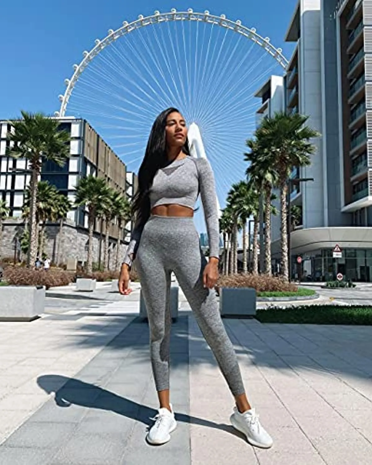 OYS Workout Sets for Women 2 Piece Outfits Seamless High Waist Yoga Leggings Long Sleeve Crop Tops Active Gym Clothes
