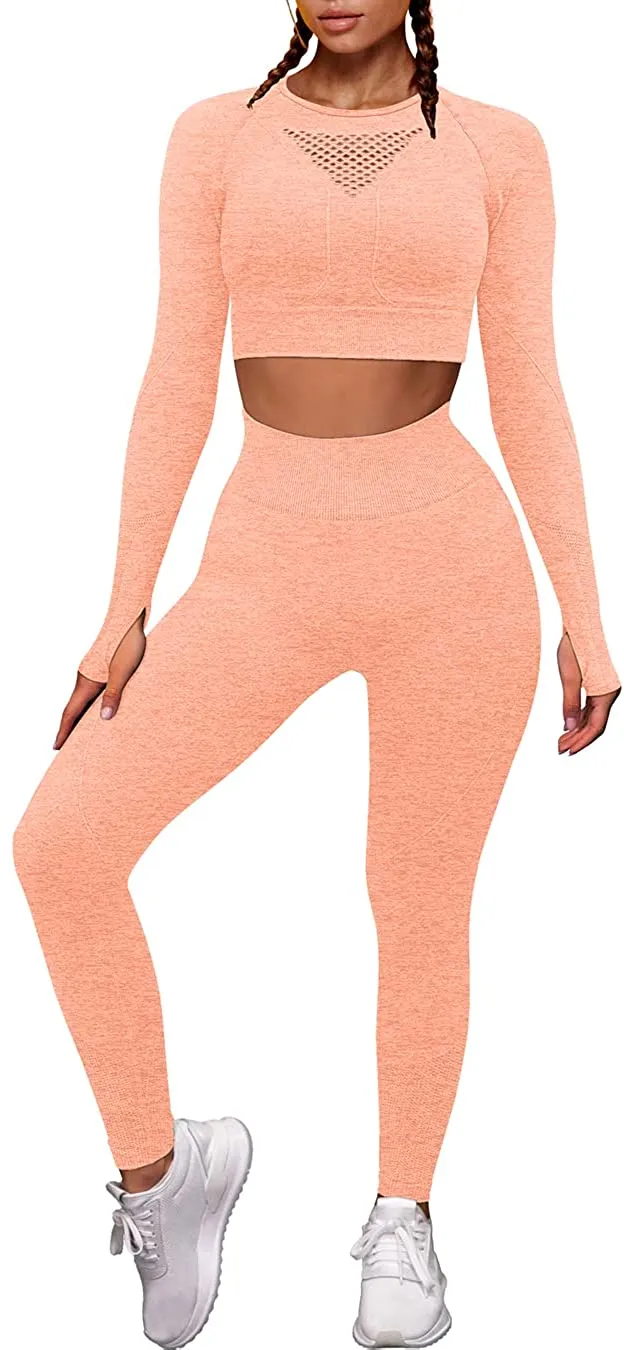 OYS Workout Sets for Women 2 Piece Outfits Seamless High Waist Yoga Leggings Long Sleeve Crop Tops Active Gym Clothes