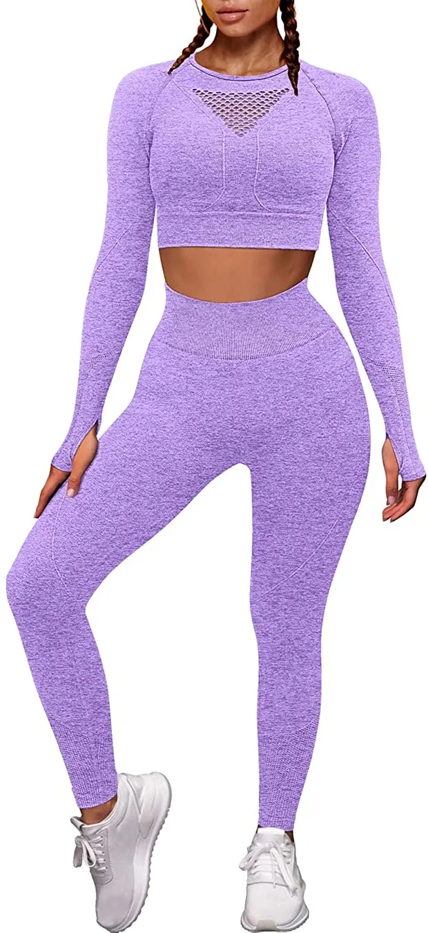 OYS Workout Sets for Women 2 Piece Outfits Seamless High Waist Yoga Leggings Long Sleeve Crop Tops Active Gym Clothes