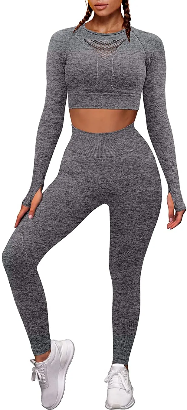 OYS Workout Sets for Women 2 Piece Outfits Seamless High Waist Yoga Leggings Long Sleeve Crop Tops Active Gym Clothes
