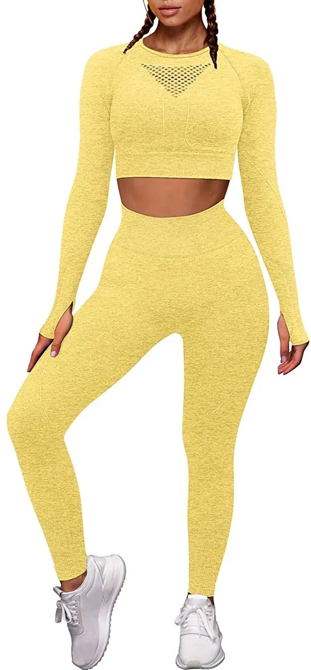OYS Workout Sets for Women 2 Piece Outfits Seamless High Waist Yoga Leggings Long Sleeve Crop Tops Active Gym Clothes