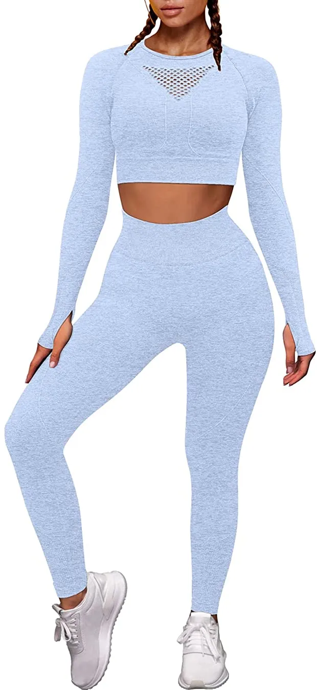 OYS Workout Sets for Women 2 Piece Outfits Seamless High Waist Yoga Leggings Long Sleeve Crop Tops Active Gym Clothes