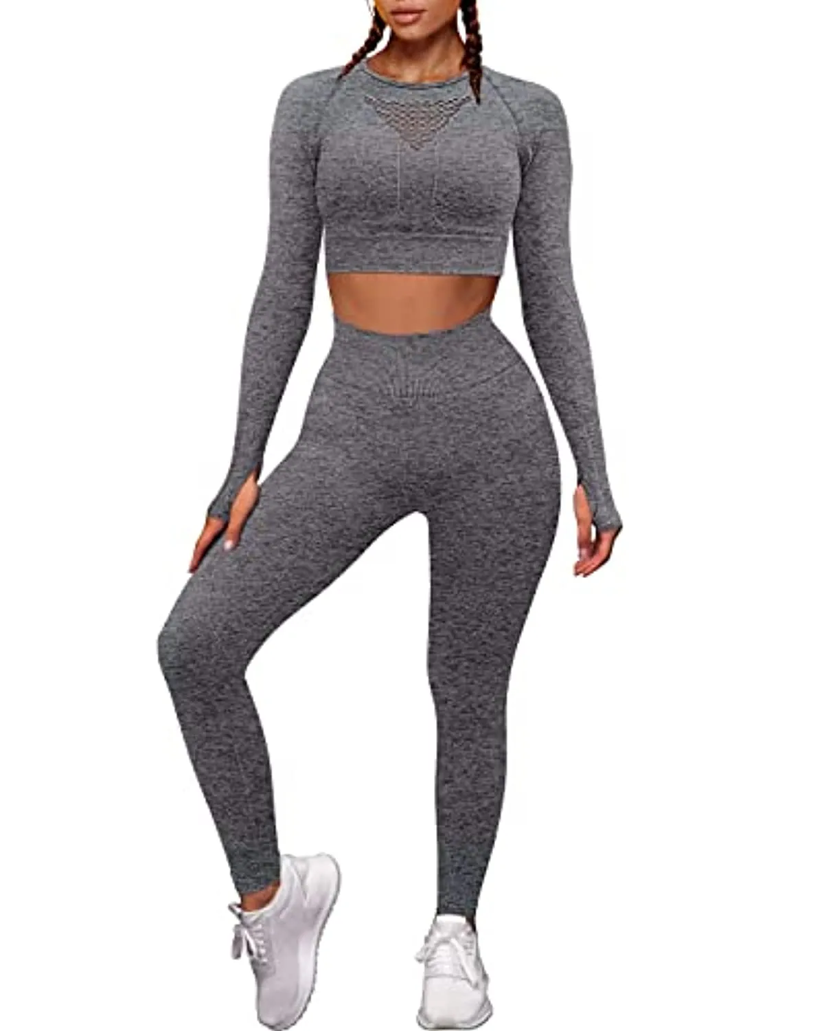 OYS Workout Sets for Women 2 Piece Outfits Seamless High Waist Yoga Leggings Long Sleeve Crop Tops Active Gym Clothes