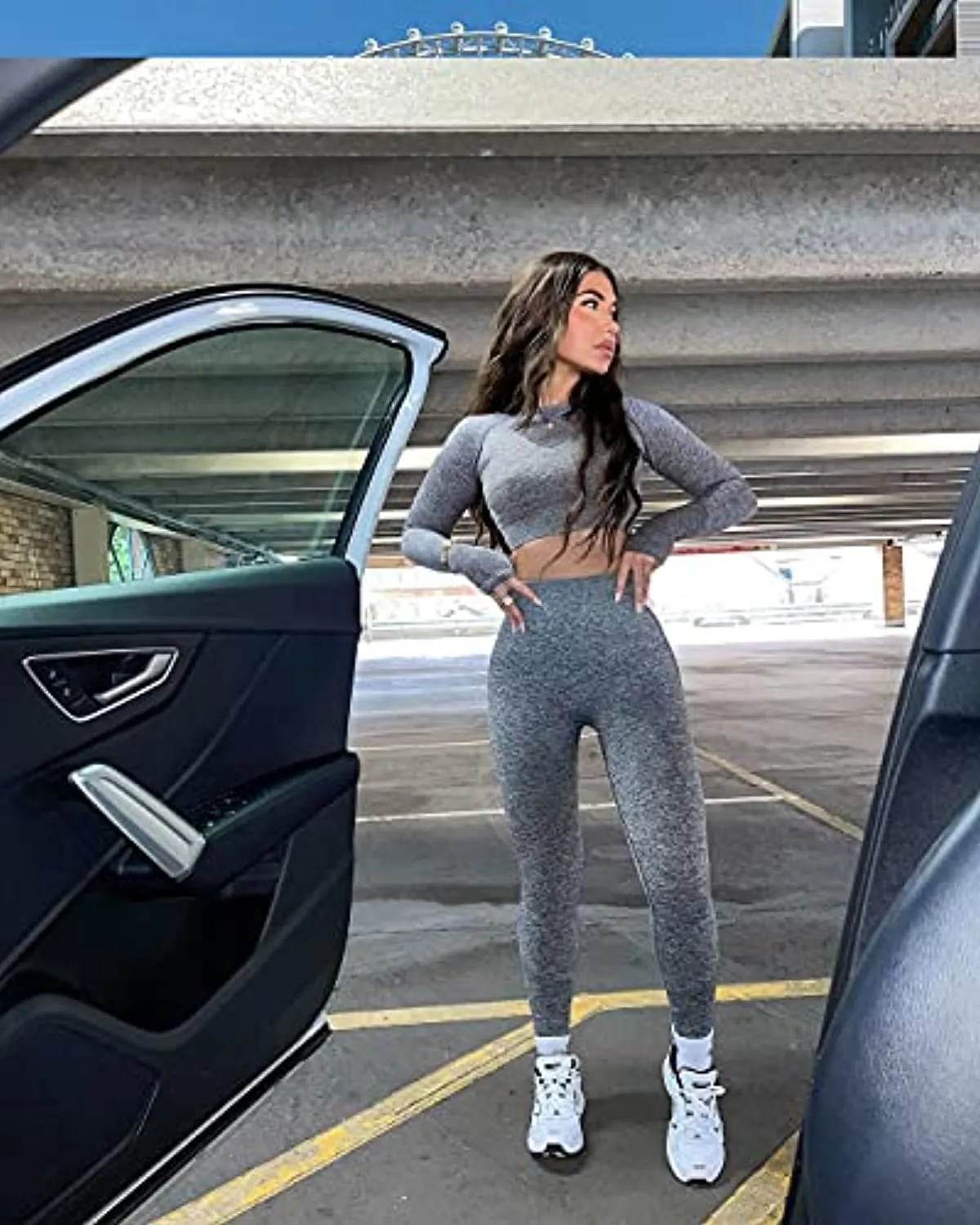 OYS Workout Sets for Women 2 Piece Outfits Seamless High Waist Yoga Leggings Long Sleeve Crop Tops Active Gym Clothes