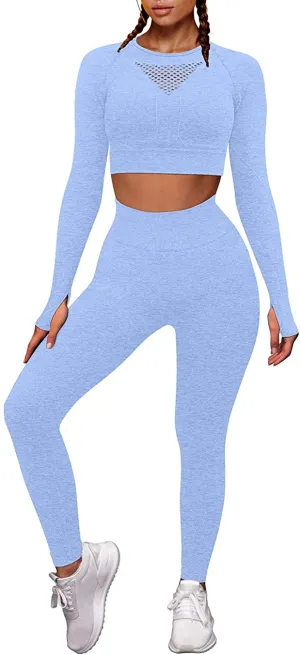 OYS Workout Sets for Women 2 Piece Outfits Seamless High Waist Yoga Leggings Long Sleeve Crop Tops Active Gym Clothes