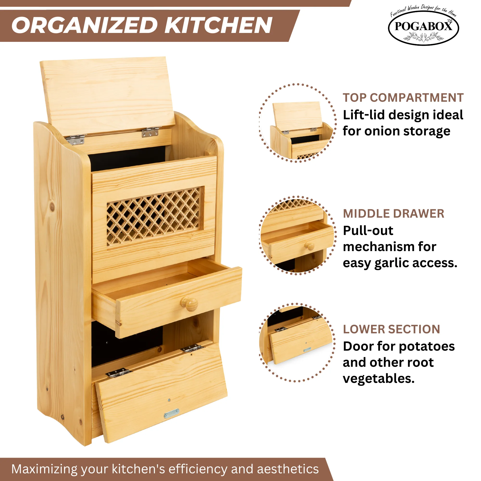 POGABOX™ Classic Potato, Onion, Garlic, Vegetable Storage Bin for Kitchen Organization| Mountable on Wall Floor or Pantry - PINE PASTRY