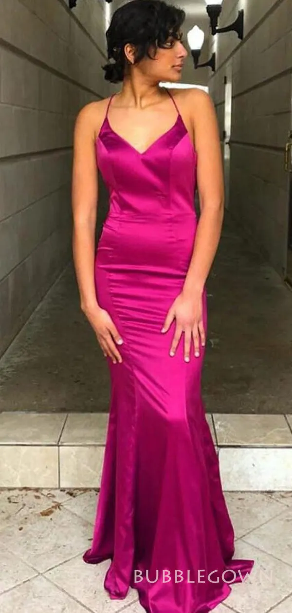 Popular Fuchsia Satin Mermaid Long Evening Prom Dresses, Custom Spaghetti Straps  Prom Dresses, BGS0248