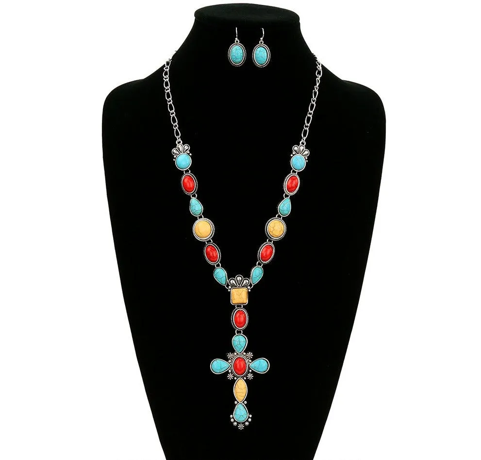 Quarry Multi Stone & Shape Y Necklace With Cross - 24"
