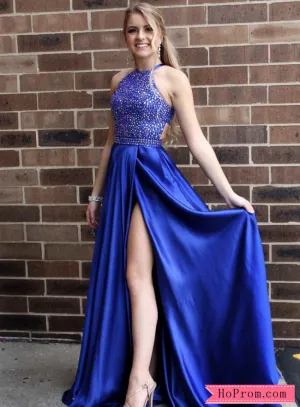 Radiant Jeweled High Halter Neck Slit Prom Dresses Online