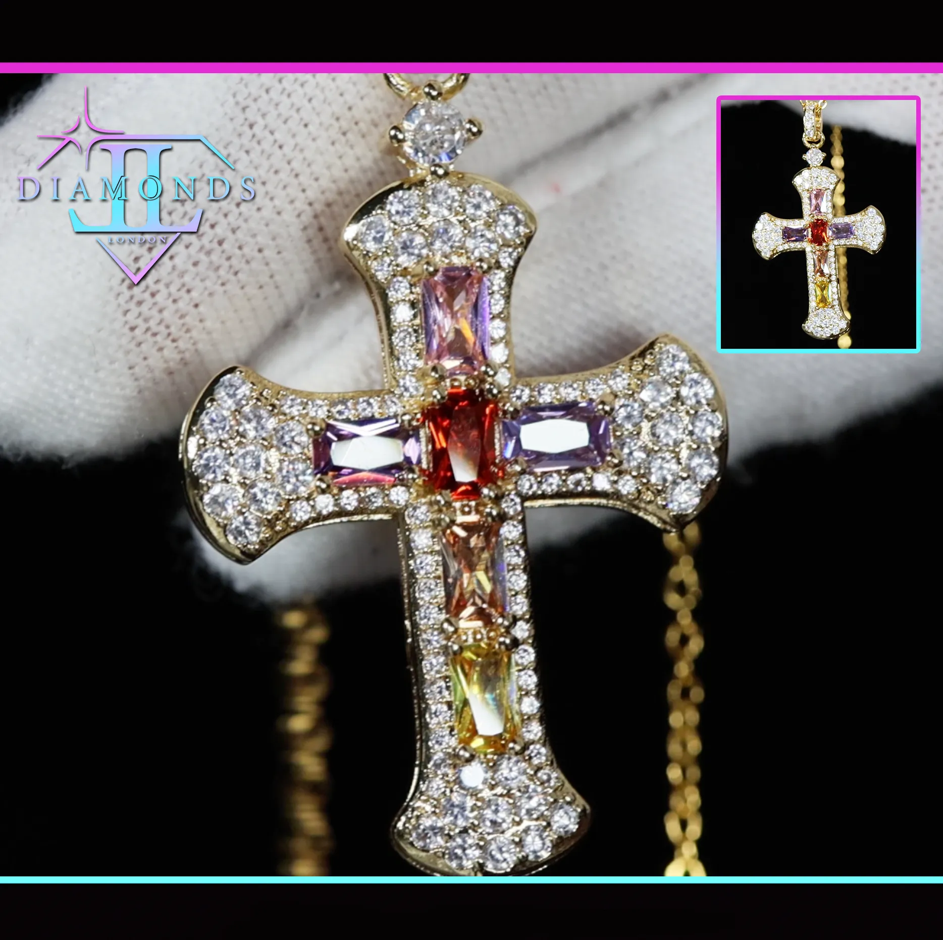 Rainbow Diamond Cross Pendant | Multi-Coloured Diamond Cross Pendant