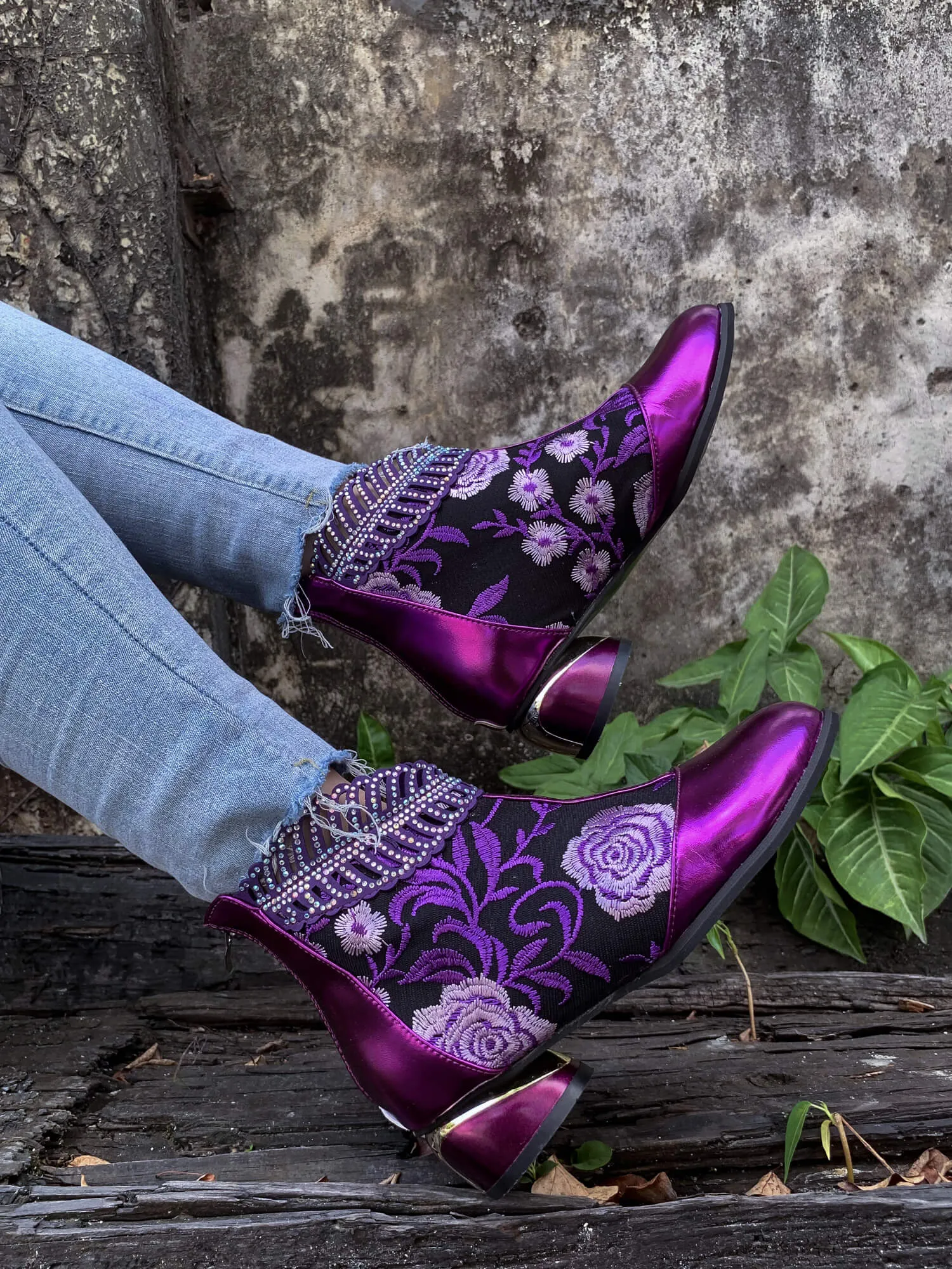 Rhinestone Ankle Floral-Embroidered Boot - Purple