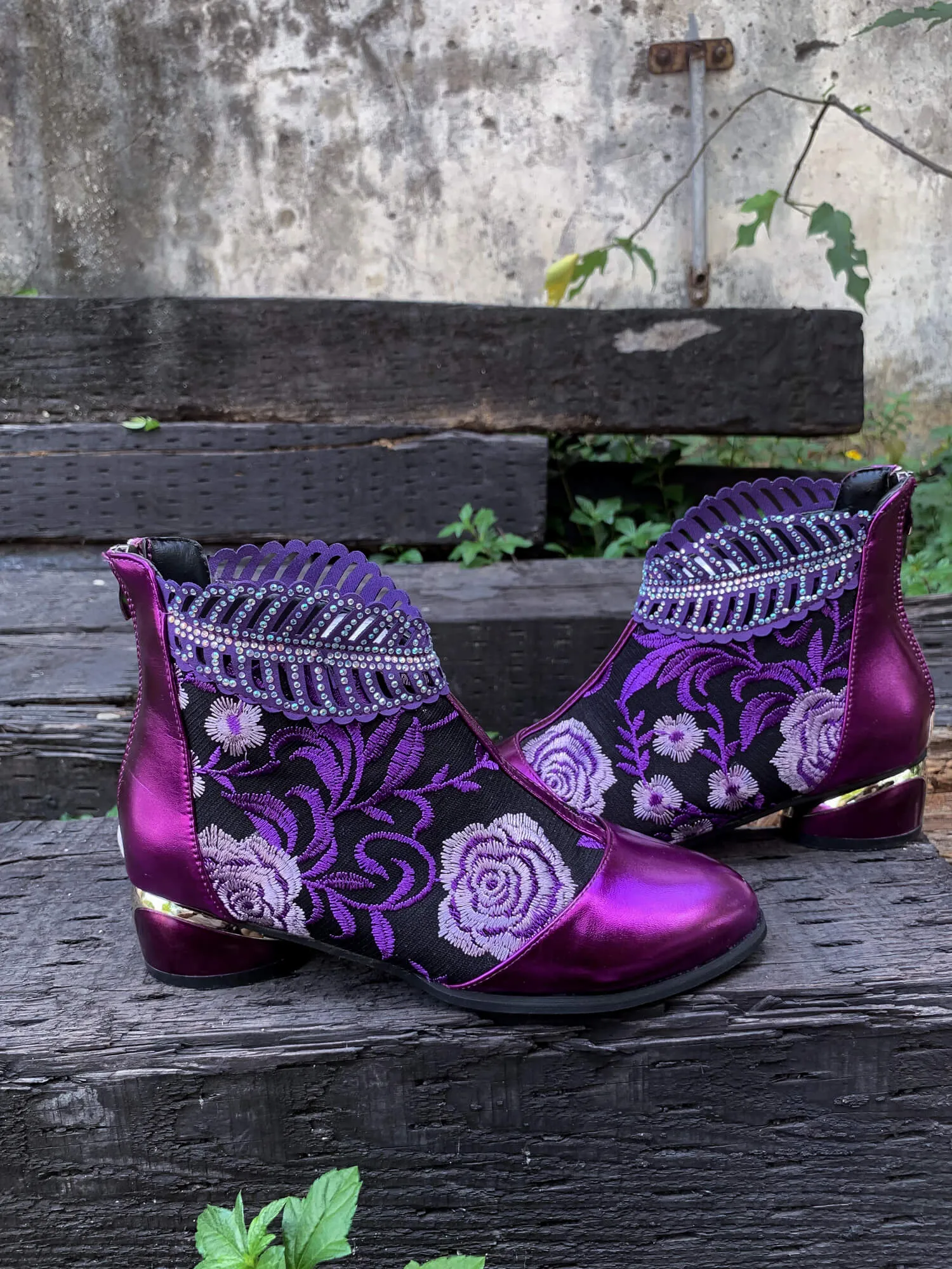 Rhinestone Ankle Floral-Embroidered Boot - Purple