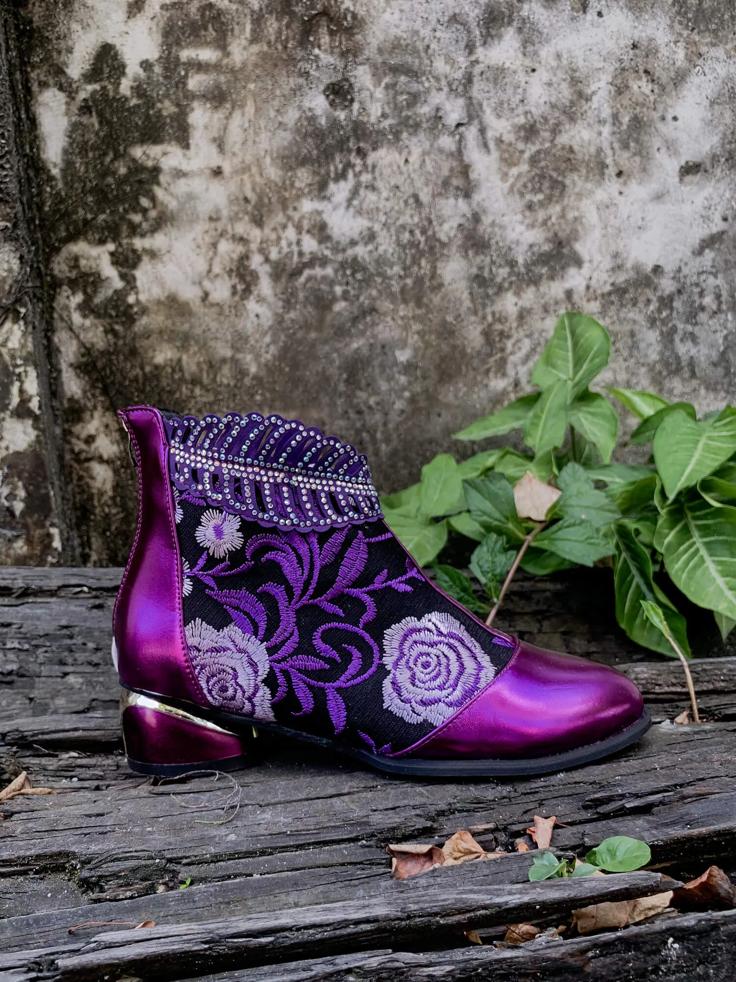 Rhinestone Ankle Floral-Embroidered Boot - Purple