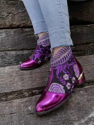 Rhinestone Ankle Floral-Embroidered Boot - Purple