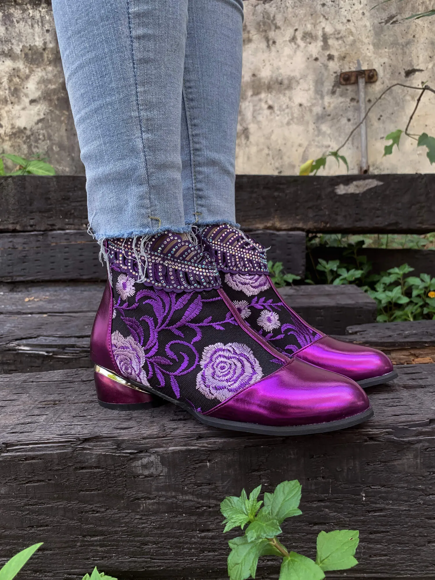 Rhinestone Ankle Floral-Embroidered Boot - Purple
