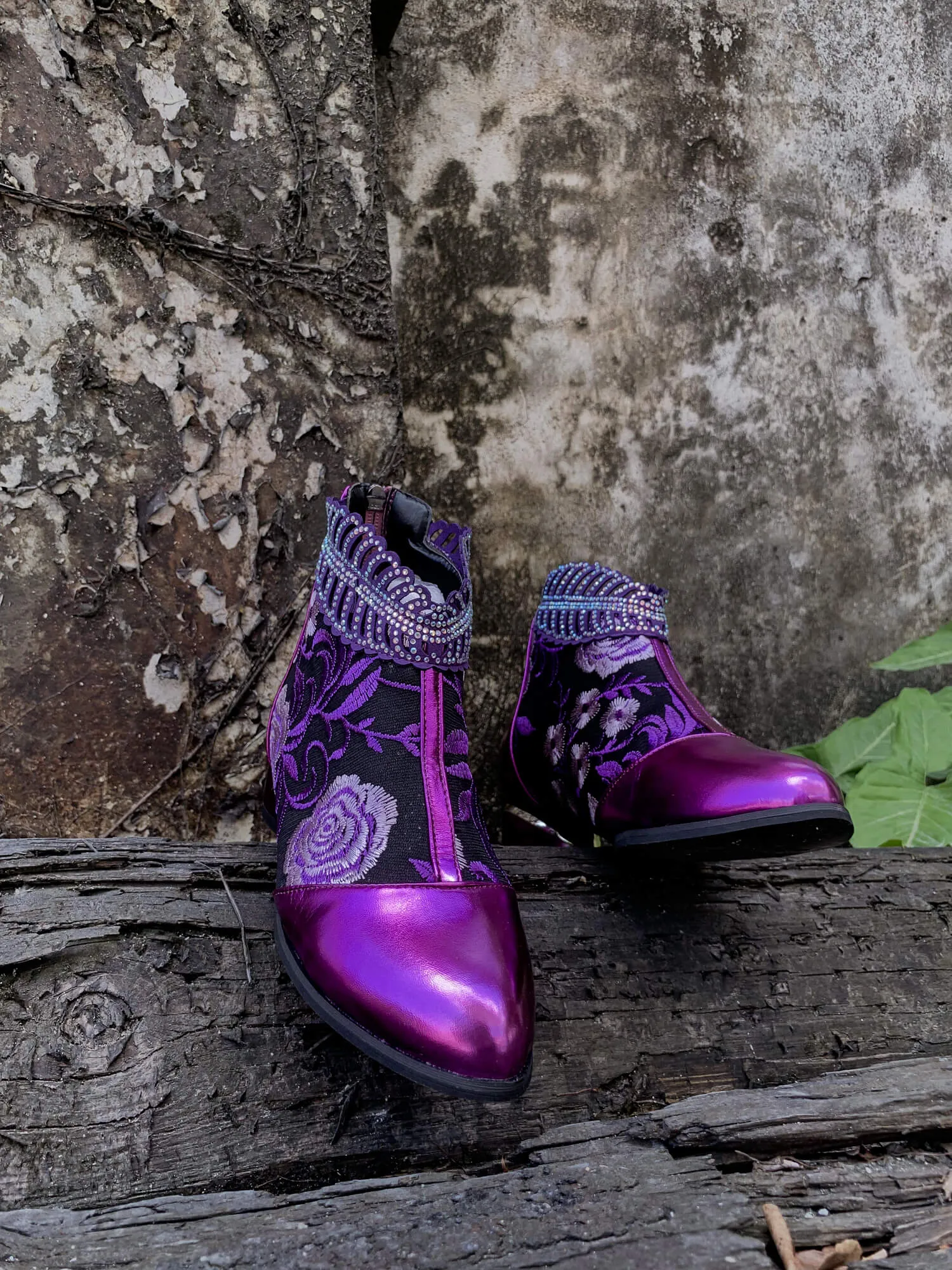 Rhinestone Ankle Floral-Embroidered Boot - Purple