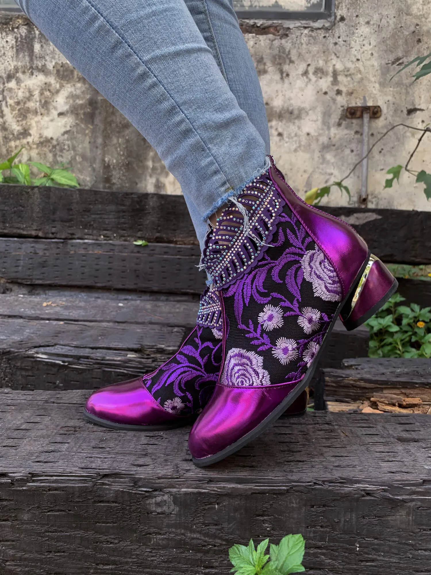 Rhinestone Ankle Floral-Embroidered Boot - Purple
