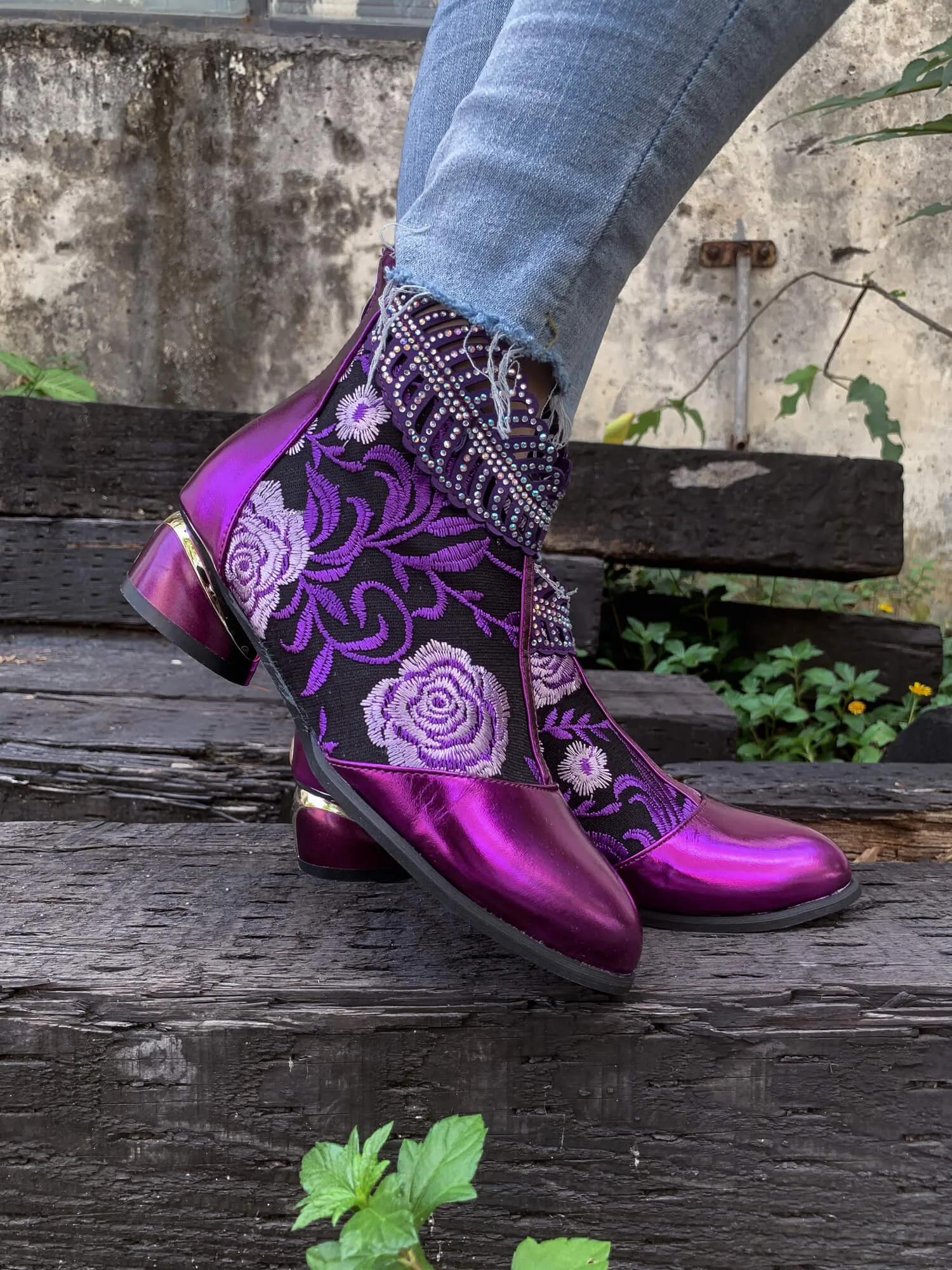 Rhinestone Ankle Floral-Embroidered Boot - Purple