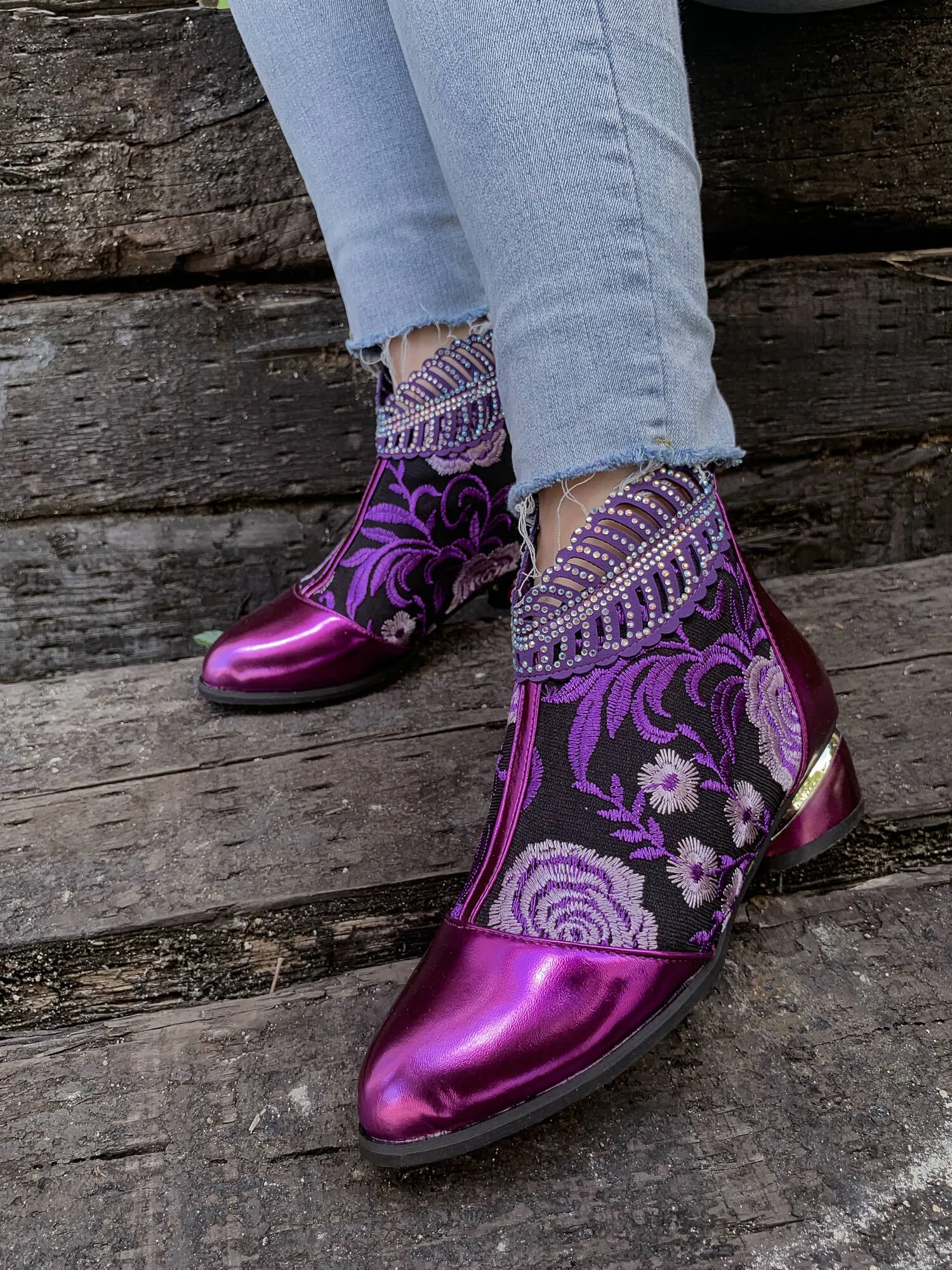 Rhinestone Ankle Floral-Embroidered Boot - Purple