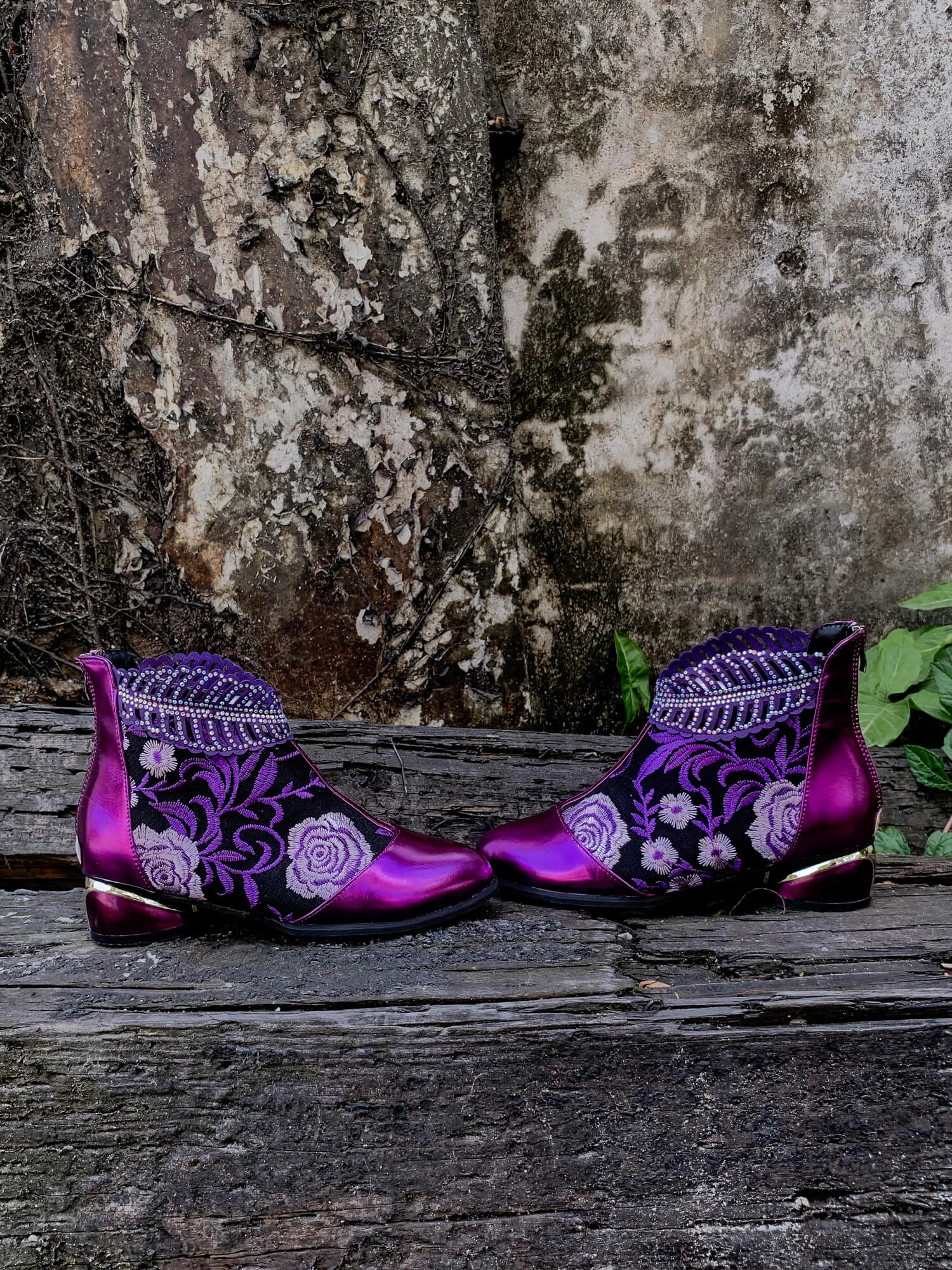 Rhinestone Ankle Floral-Embroidered Boot - Purple