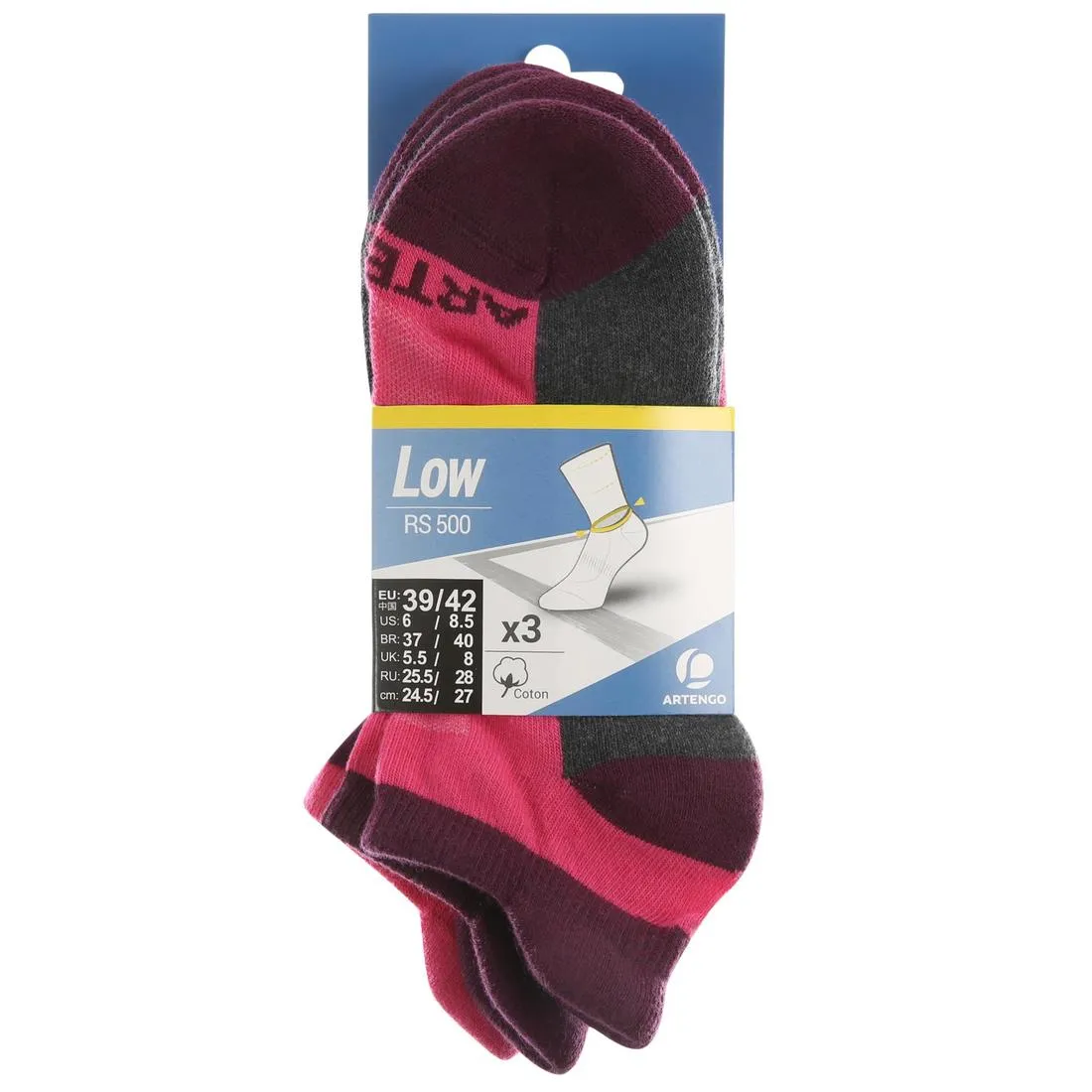 RS 500 Adult Low Sports Socks Tri-Pack - Pink/Black