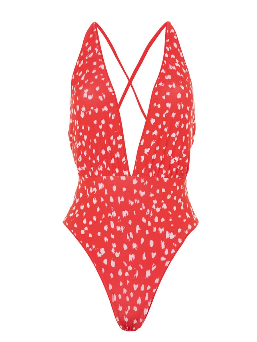 Safari V Plunge One Piece in Red Camelia