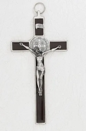 Saint Benedict Brown Enamel Cross - Silver Tone Medal