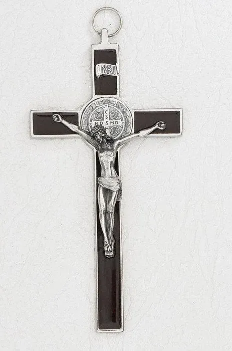 Saint Benedict Brown Enamel Cross - Silver Tone Medal