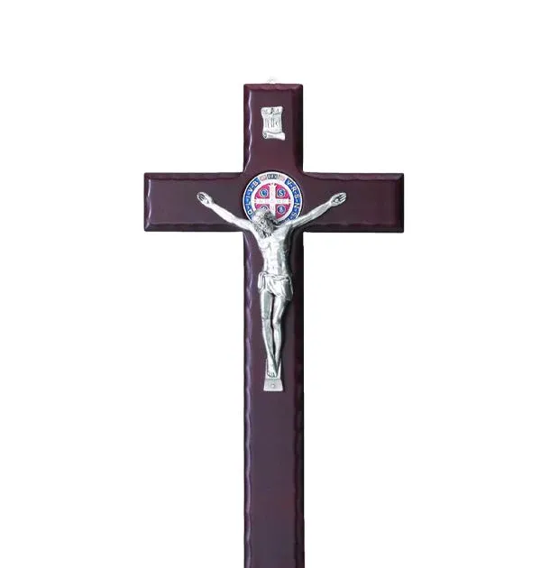 Saint Benedict Cherry Wood Wall Cross with Enamel and Silver-tone Crucifix