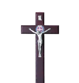 Saint Benedict Cherry Wood Wall Cross with Enamel and Silver-tone Crucifix