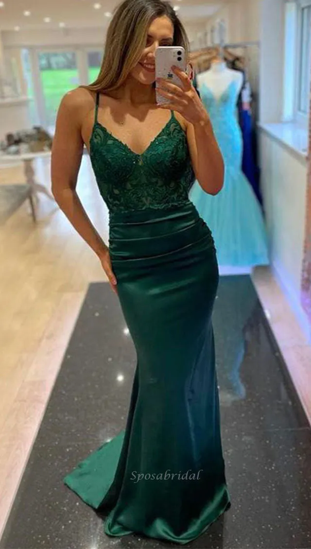 Sexy Emerald Green Spaghetti Srtaps V-neck Lace Top Long Mermaid Prom Dress, PD3449
