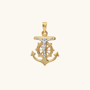 SOLID 14K TWO-TONE GOLD MARINERS CRUCIFIX ANCHOR CHARM PENDANT