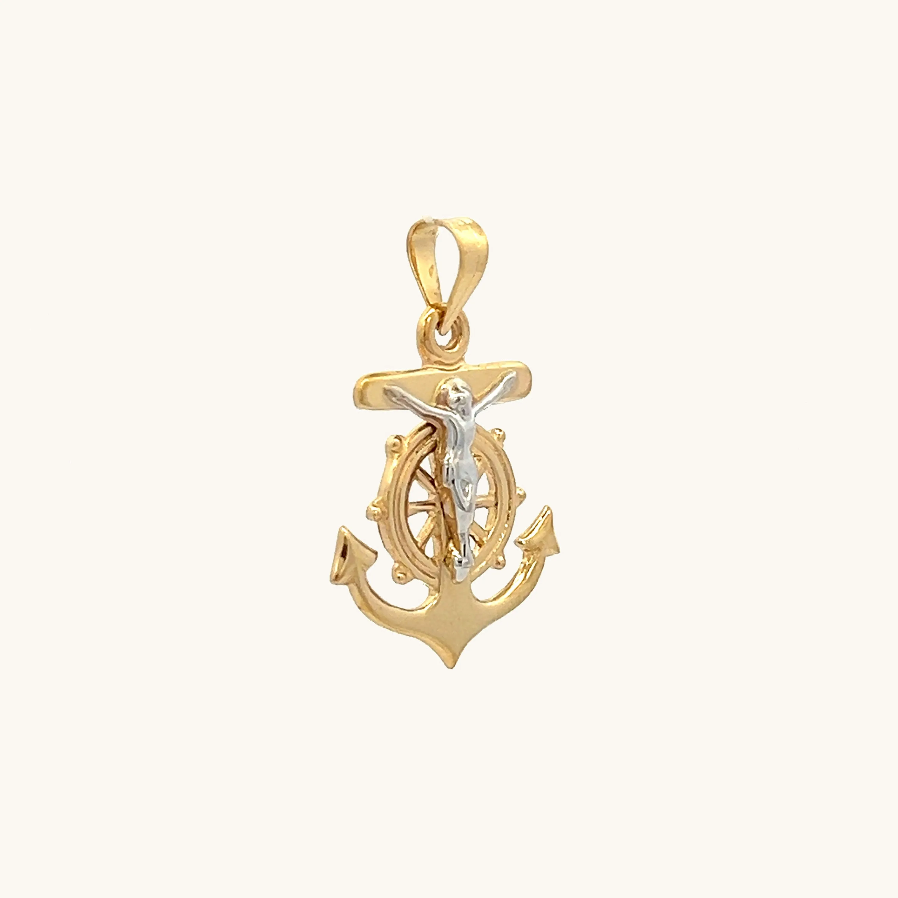 SOLID 14K TWO-TONE GOLD MARINERS CRUCIFIX ANCHOR CHARM PENDANT
