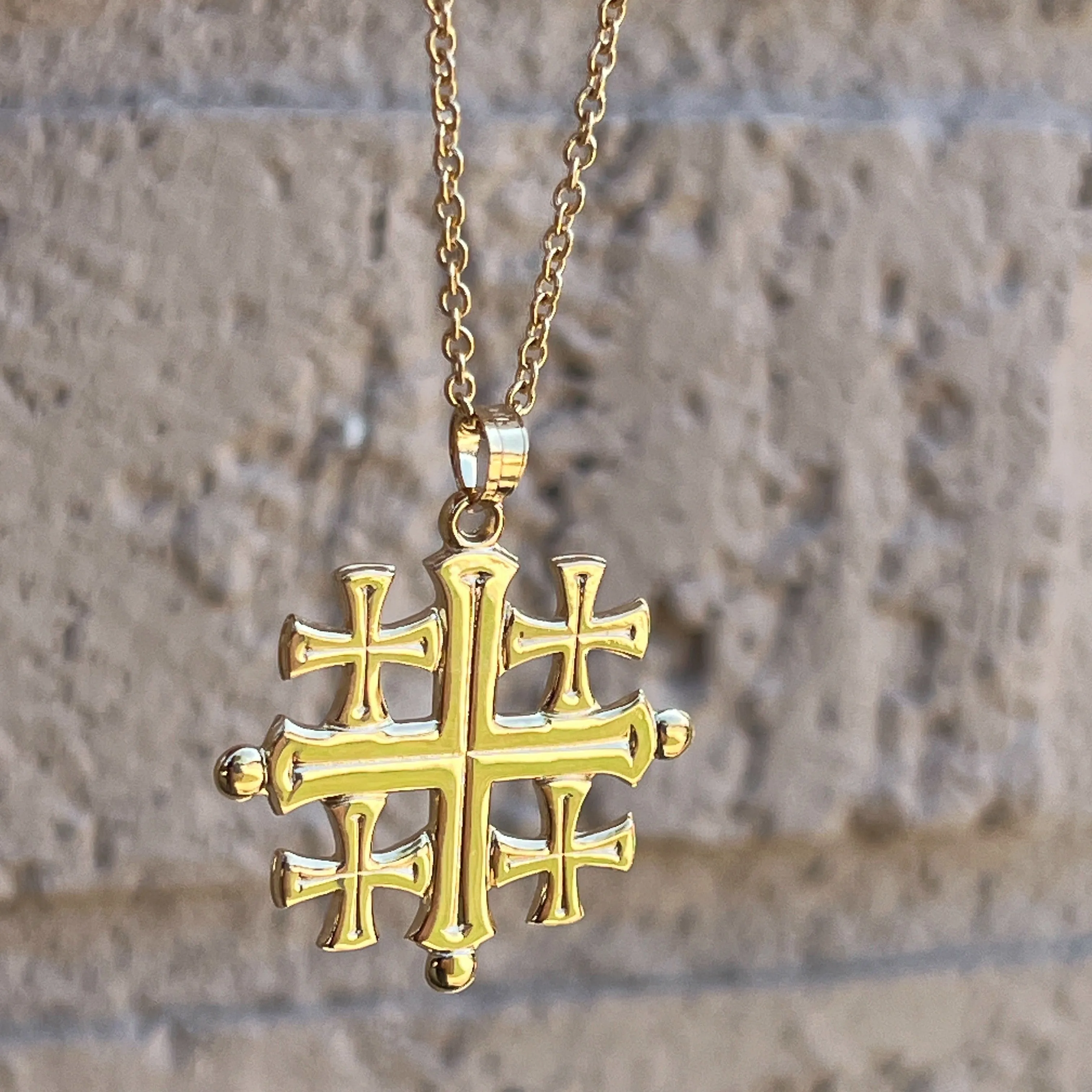 SOLID 14K YELLOW GOLD JERUSAELM CROSS PENDANT