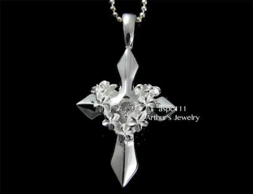STERLING SILVER 925 HAWAIIAN HIGH POLISH SHINY CROSS PLUMERIA FLOWER LEI PENDANT