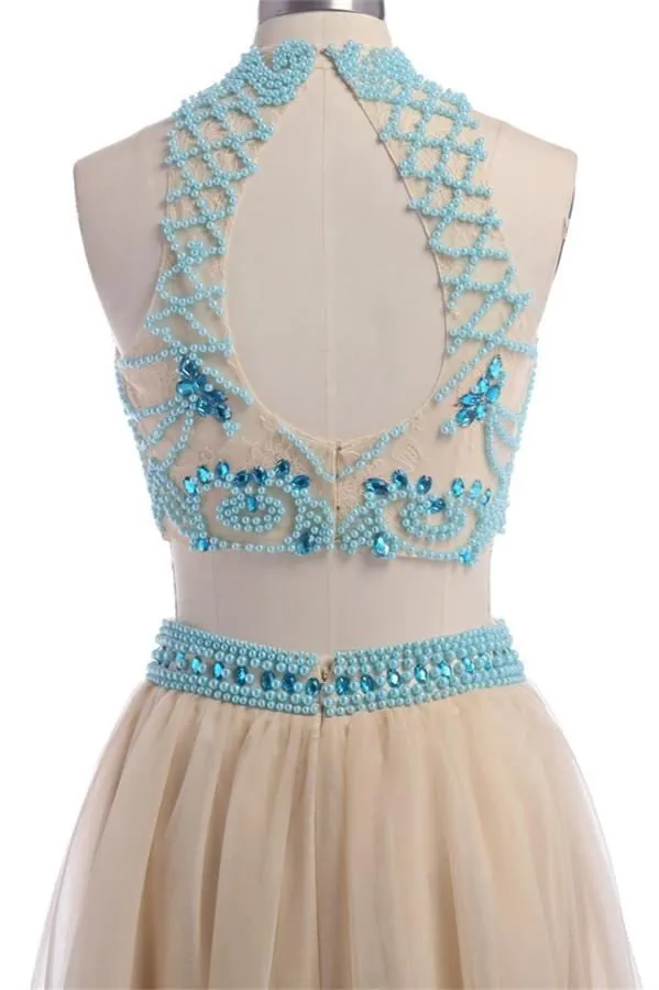 Two Pieces Halter Backless Beautiful Long Prom Dress K40